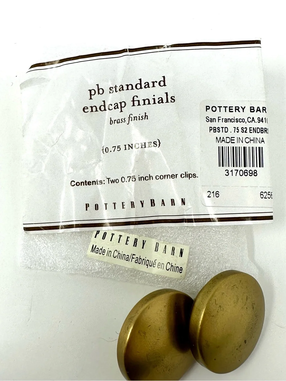 Pottery Barn Standard End Cap Finials Brass Finish .75